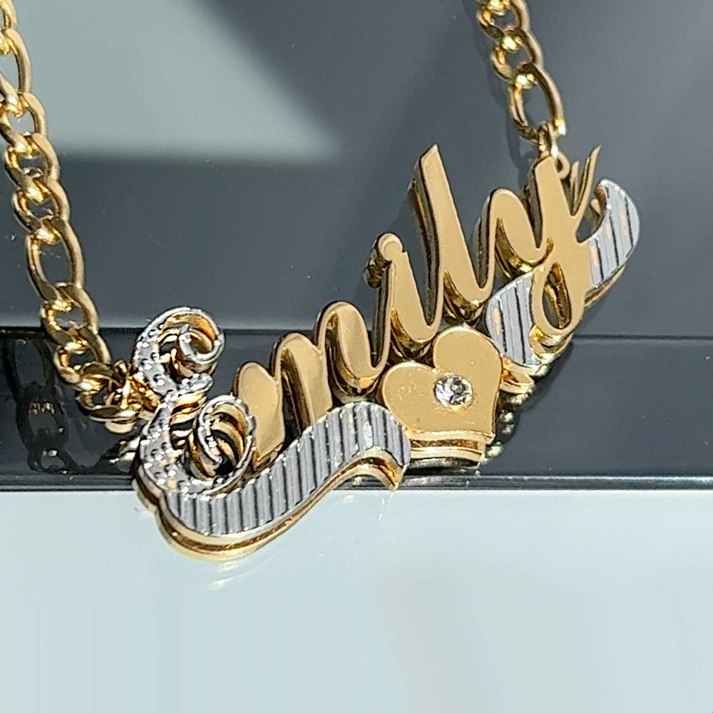 Diamond 2-Tone Heart 3D Plated Name Necklace